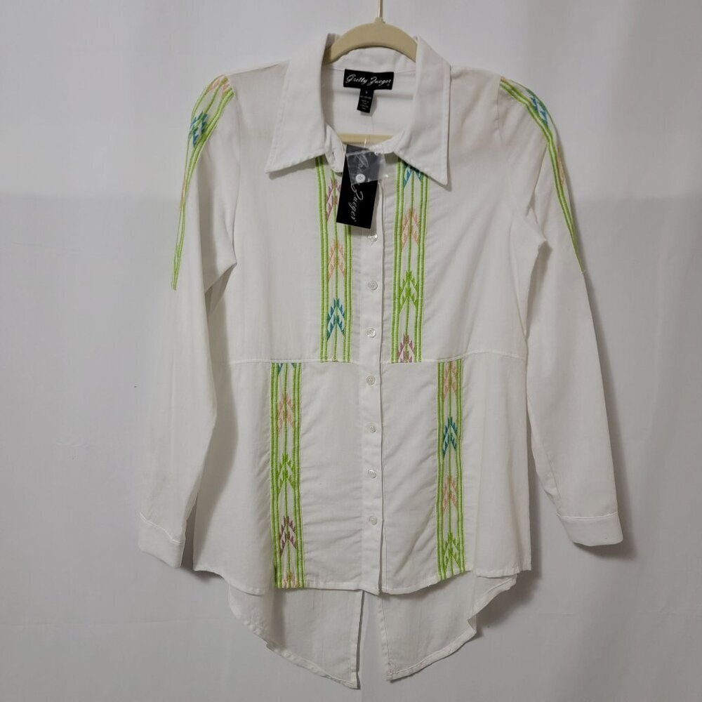 Gretty Zueger Cotton Beachy Colorful Embroidery Long Sleeve Button Up Shirt S